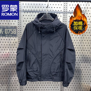 Romon windproof and waterproof jacket men's 2025 spring and autumn casual versatile slim fit hooded work jacket black velvet thickened xl