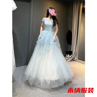 Xuan tuya one-shoulder evening dress for women high-end light luxury niche adult ceremony banquet temperament graduates day princess dress forest style blue back strap) l