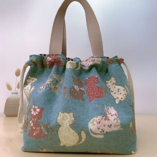 Fat donglai same style canvas bag japanese print handbag office worker lunch bag cute cartoon handbag mom drawstring green cat