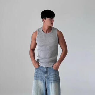 我是大卫灰色速干背心男士夏季美式螺纹弹力修身针织t恤运动健身训练体恤 灰色 L