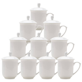 Tao xianghui ceramic tea cup with lid office meeting water cup 10-piece set pure white business cup meeting cup 360ml