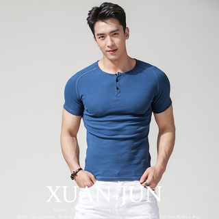 Xuanjun henry shirt men's short-sleeved henry collar t-shirt tight american retro tough guy slim cotton fitness half-sleeved summer blue xl