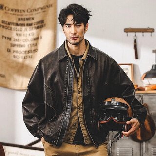 Jay leno american retro wasteland style soft leather jacket men's spring trendy brand loose handsome tough guy motorcycle work jacket men coffee color m suitable for 100-125 jin jin equals 0.5 kg
