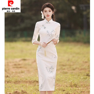 Pierre cardin 2025 spring high-end improved young style cheongsam retro style daily wearable dress long sleeve blue and white porcelain jacquard + print s