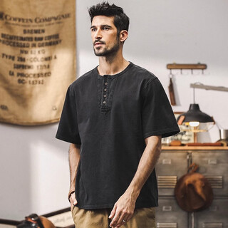 Jay leno american heavy 320g short-sleeved men's t-shirt summer loose retro polo shirt trendy tough guy vintage henry collar men's black heavy 320g 4xl suitable for 200-220jin jin equals 0.5 kg