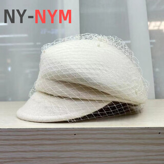 Ny-nym white mesh peaked hat for women in autumn and winter new french retro short-brimmed fashion felt hat british elegant wool hat white adjustable (54-58cm)