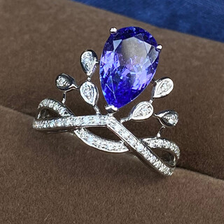 Qianjun natural blue tanzanite women's ring crown shangmei gift girlfriend colored gemstone 18k gold jewelry customized 1.5 carat pear-shaped tanzanite