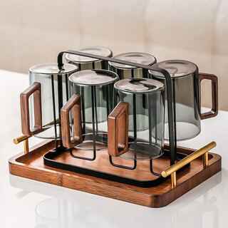 Midoc high borosilicate glass household tea cup for guests, high-end green tea cup, water cup set, drinking cup, water set, high-looking soot wooden handle cup * 6 + black frame + portable tray