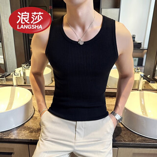Langsha striped bottoming vest men's summer sports and fitness training threaded waistcoat elastic tight knitted t-shirt black xl recommended 120-140jin jin equals 0.5 kg