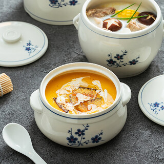 Household ceramic stew pot with lid, water-proof stew pot, crock pot, hotel restaurant special light luxury steaming pot soup bowl, plum blossom glaze medium flower paper 1 liter-pangdundun