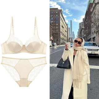 Victoria palace sexy bra french pure desire thin glossy lace underwear big breast revealing small anti-sagging underwear bra apricot suit l /80bc