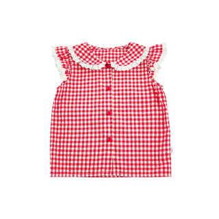 Young girls' retro style yarn-dyed plaid babydoll shirt with summer splicing lace lapels and small flying sleeves shirt red 100 cm