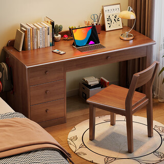 Meiyixuan solid wood desk and bookcase integrated student computer desk simple home office desk bedroom writing table children's study table walnut color #single desk imported rubber wood no veneer 120cm*60cm*75cm