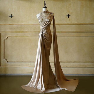 Maycaur heavy industry haute couture evening dress feminine dinner temperament retro light luxury high-end host annual meeting slit long skirt picture color xs