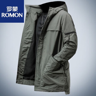 罗蒙（ROMON）2025新款春秋装潮流长款工装防风大衣春秋季连帽休闲夹克男款 绿色【高品质】 M