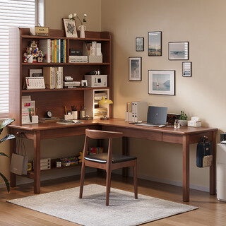 Huixun solid wood corner desk bookshelf bookcase integrated table small apartment home l-shaped computer table double corner study table walnut color #desk 140cm*60cm*75cm auxiliary seat length 120cm