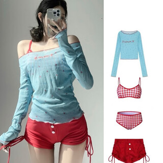 Chuangjingyi chooses miss shark's new dopamine split bikini four-piece long-sleeved blouse red blouse+bikini+boxers 2xl