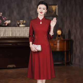 Zi meiqiao 2025 spring and autumn new wedding mother's dress women's wedding banquet mother-in-law dress standing collar improved cheongsam burgundy 2xl (recommended 120-130 jin jin equals 0.5 kg)