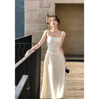 Zuo xu white suspender dress for women 2025 new summer thin seaside resort style mid-length skirt for women slimming white wide suspender dress when/next day delivery l (110-120jin jin equals 0.5 kg)