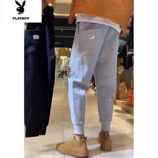 Playboy plus velvet pants men's winter thickened casual pants loose sports pants internet celebrity trend anklet harem pants gray warm plus velvet m _ 90-110jin jin equals 0.5 kg