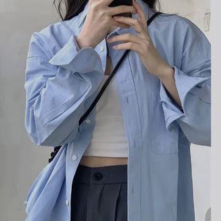 Yu shang zhenpin early autumn korean style 2025 new long sleeve blue shirt women's jacket shirt design french chic top shirt blue m