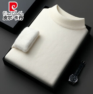 Pierre cardin all-in-one velvet high-quality round-neck sweater for middle-aged men, autumn and winter velvet thickened warm base sweater official flagship store half turtleneck - off-white thickened 100% anti-pilling m recommended weight 100-120 jin jin equals 0.5 kg