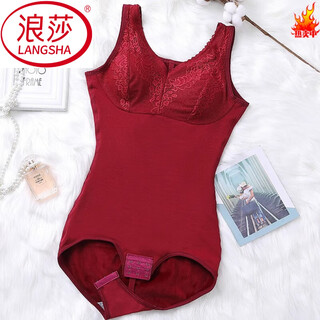 Langsha red autumn and winter long sleeve shaping garment one-piece plush thermal underwear belly controlling waist thickening leggings open style women black + burgundy (sleeveless style two pieces) xl (recommended 100-120 jin jin equals 0.5 kg)
