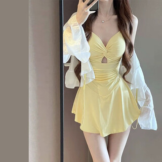 Nanmuxiong swimsuit women's hot spring belly-covering swimsuit one-piece long-sleeved sun protection sexy slimming adult blouse skirt style yellow blouse two-piece set 80-120jin jin equals 0.5 kg