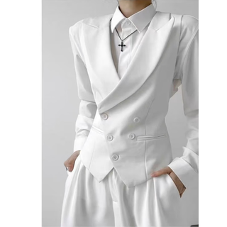 Jiaye black waisted suit vest men's suit ins trendy brand handsome neutral style gun lapel slim vest white vest + x51 white trousers l