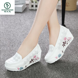 Woodpecker genuine leather platform shoes for women thick-soled nurse high-heeled mother's shoes korean style wedge breathable rocking shoes soft sole heightening single shoes 0061 hollow/white 41