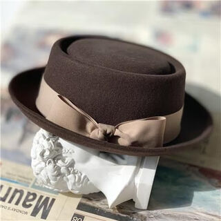 Le en gao autumn and winter hat women's wool wool top hat curled flat top hat retro bow british versatile casual camel color cocoa color adjustable