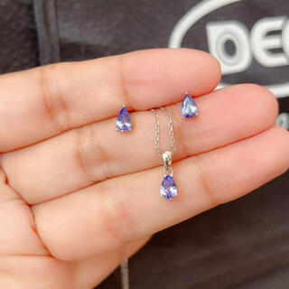 Chisha water drops small and exquisite natural tanzanite two-piece set of earrings and pendants with necklace 925 sterling silver inlaid minimalist set