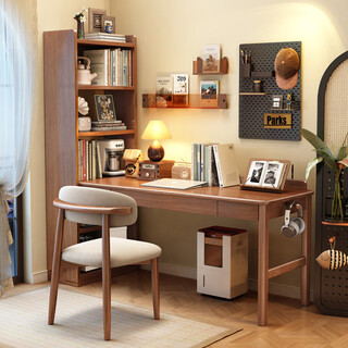 Ningzao solid wood corner desk bookshelf combination desktop computer desk simple home student writing desk study table walnut color # desk with side bookshelf 144cm*60cm*75cm desktop length 120cm