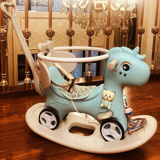 Rocking horse trojan horse children's rocking horse baby baby rocking car yo-yo car two-in-one gift toy blue + backrest + push rod + guardrail