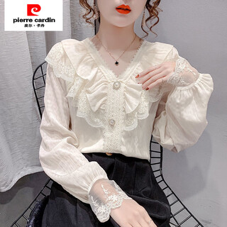 Pierre cardin 2025 spring and autumn new korean style fashionable v-neck lace ruffled chiffon shirt elegant super fairy top for women apricot v-neck long sleeves soft breathable fabric lined 2xl 125-150jin jin is equal to 0.5kg