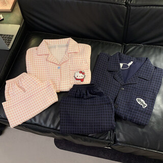 Bai chao couple pajamas women's summer woven cotton cute cartoon plaid kitty cardigan short sleeve men's home clothes set dx6003 men's set + pink women's set two sets m female + male l