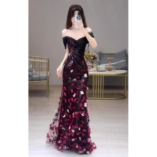 One-shoulder toast dress, bride, flower sequins, engagement banquet evening dress, fishtail dress, host's art test, burgundy xl