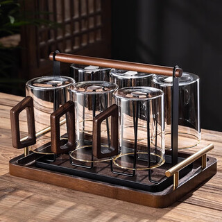 Wanjiaquan walnut handle drinking water and tea cup set for home living room, light luxury and high-end kettle with high temperature resistance, wooden handle glass - only tea cup 300ml 6 pieces