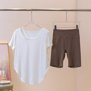 He jiagong yoga suit women's summer gym loose slim covering sports running pilates top cycling fitness clothes white short sleeves + cocoa colored quarter pants s (recommended 75-95jin jin equals 0.5kg)