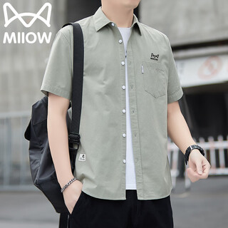 Catman short-sleeved shirt men's summer outdoor coat lapel half-sleeved shirt casual business men's top bean green l