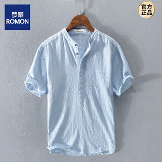 Romon henry collar linen short-sleeved shirt men's collarless men's cotton and linen shirt t-shirt top polo shirt summer chinese style light blue 2xl suitable for 145-160jin jin equals 0.5 kg left