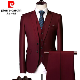 Pierre cardin summer business casual suit men's three-piece thin iron-free slim fit suit men's plus size jacket burgundy l