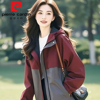 Pierre cardin casual splicing hooded jacket women spring autumn winter plus velvet 2025 new loose large size contrast color jacket double layer lined this year's popular 2xl recommended 130-145 jin jin is equal to 0.5 kg