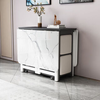 Epson small apartment multifunctional folding table retractable household rectangular sideboard dining table folding dining table combination white marble 1.4 meters + 4 soft stools