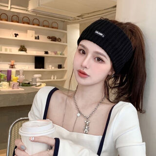 Lzjv new knitted hairband women's winter wide-brim wool hairband women's confinement headband protective forehead windproof warm headband black one size (55-58cm)