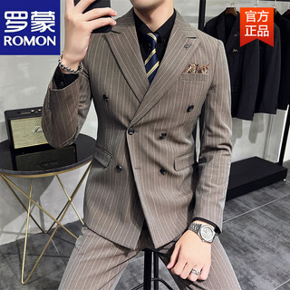 Romon wide collar peaked lapel striped suit formal double slit wedding groom suit men's slim brown double-breasted suit + black shirt + vest + s suitable for 85-95 jin jin equals 0.5 kg
