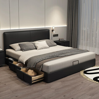 Befan italian minimalist leather bed thin headboard black second bedroom double bed 1.8m 2m small apartment storage bed + 9 star independent bag latex spring mattress 1.8*2m frame bed upgraded 15cm steel wood bed board