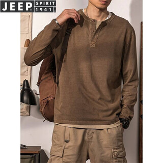 Jeep spirit henry shirt men's long-sleeved t-shirt henry collar american retro distressed military green cotton bottoming shirt 2025 spring top coffee 2xl recommended 150-200jin jin equals 0.5 kg