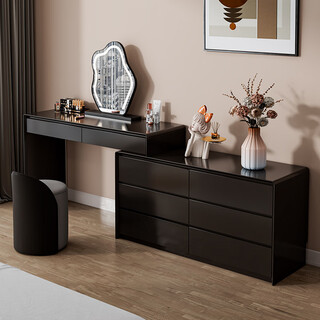 He jiangong 2025 new solid wood simple modern dressing table, drawer, cabinet, storage cabinet, one-piece light luxury dressing table for bedroom, 0.6 meters, three buckets, 1.2 meters, dressing table stool, ping an black 40 thickness crystal diamond glass