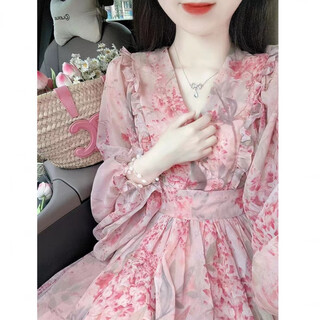 Nalinya 2025 new summer dress french v-neck floral chiffon dress summer fairy temperament tulle long skirt pink xl recommended 120-140jin jin equals 0.5 kg